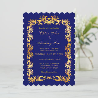 Wedding blue Gold border Invitation