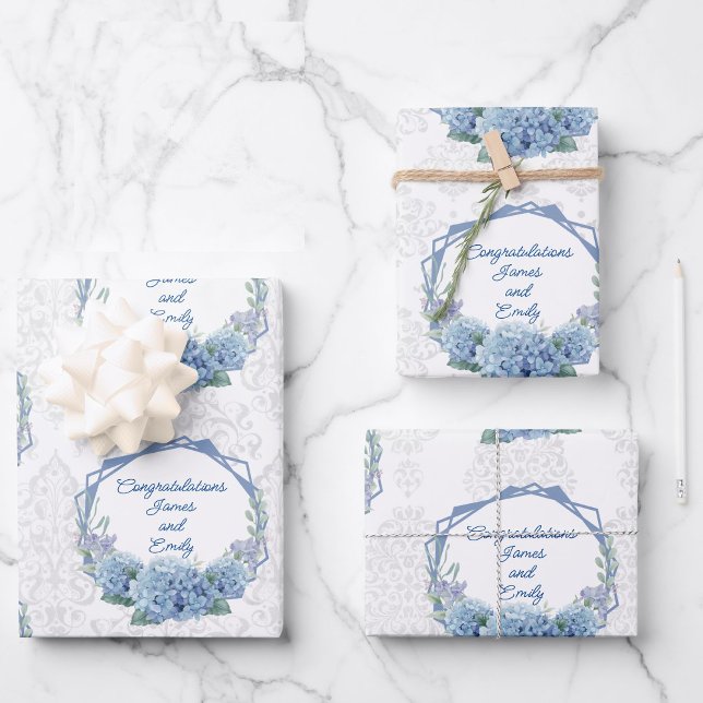 Wedding Blue Hydrangeas Personalise Names Damask 3 Wrapping Paper Sheet (Creator Uploaded)