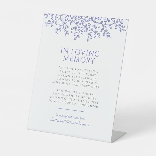 Wedding blue leaf monogram loving memory pedestal sign (Front)
