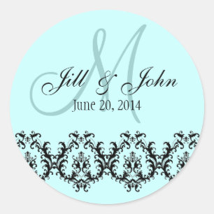 Wedding Blue Monogram Save the Date Classic Round Sticker
