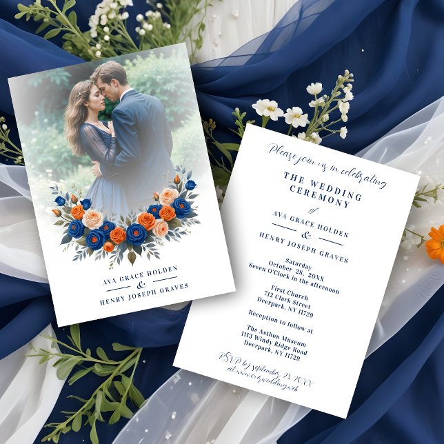 Wedding Blue & Orange Flowers Romantic Garland Invitation (Wedding Blue & Orange Flowers Romantic Garland  Photo Invitation with Envelope.)