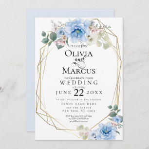 Wedding Blue Peony Watercolor Flowers Invitation