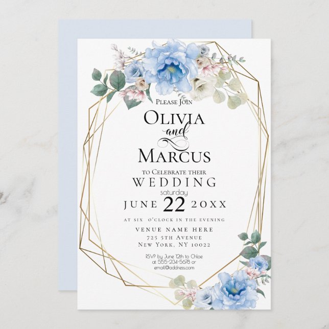 Wedding |  Blue Peony Watercolor Flowers Invitation (Front/Back)