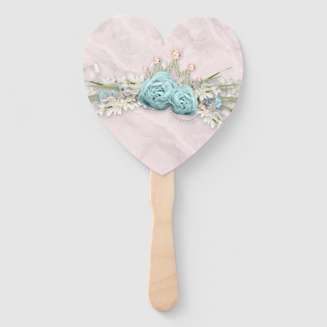 Wedding - Blue Roses and Crown Floral Bouquet Hand Fan (Front)