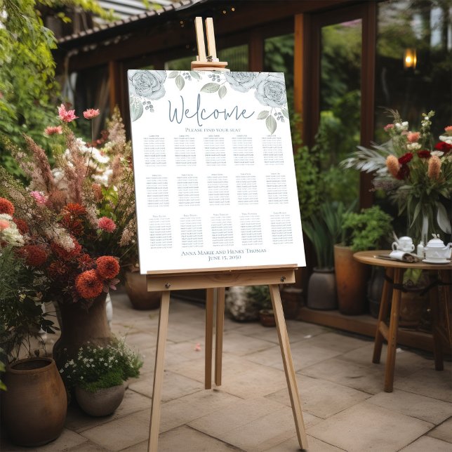 Wedding Blue Seating Chart Elegant Floral (Elegant watercolor dusty blue floral seating chart with simple calligraphy script poster)