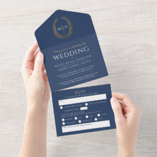 Wedding blue white gold oval leaves monogram all i in one invitation