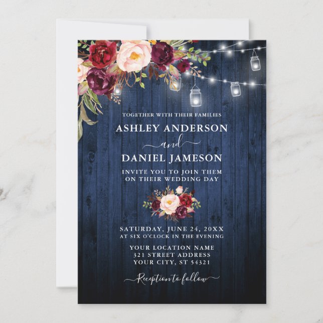 Wedding Blue Wood Burgundy Floral Mason Jar Lights Invitation (Front)