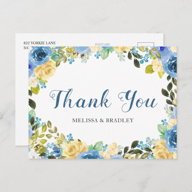 Wedding Blue Yellow Floral Thank You Postcard (Front/Back)