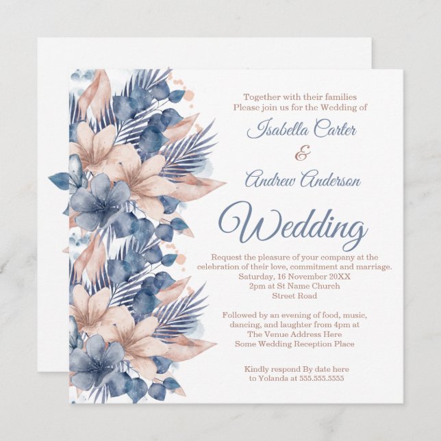 Wedding Blush Blue Peach Beige Floral White Invitation (Front/Back)