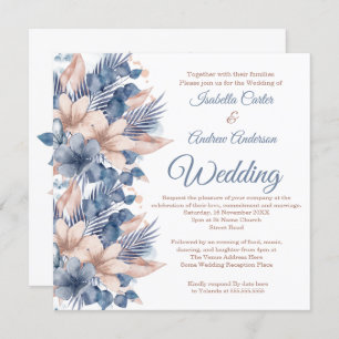 Wedding Blush Blue Peach Beige Floral White Invitation