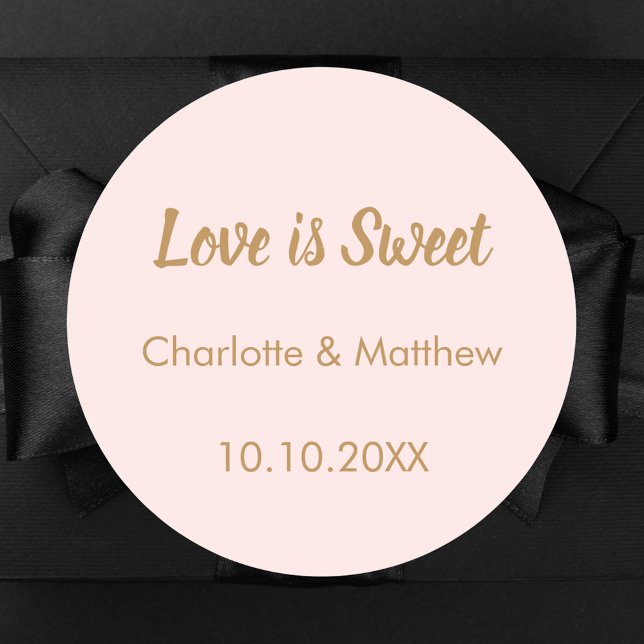 Wedding blush gold names Love is Sweet Classic Round Sticker (Creator Uploaded)