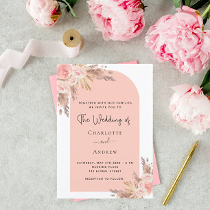 Wedding blush pampas grass rose gold boho invitation
