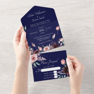 Wedding Blush Pink and Burgundy Floral Navy Blue All In One Invitation