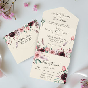 Wedding Blush Pink and Burgundy Floral Roses Cream All In One Invitation