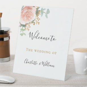 Wedding blush pink floral eucalyptus welcome pedestal sign