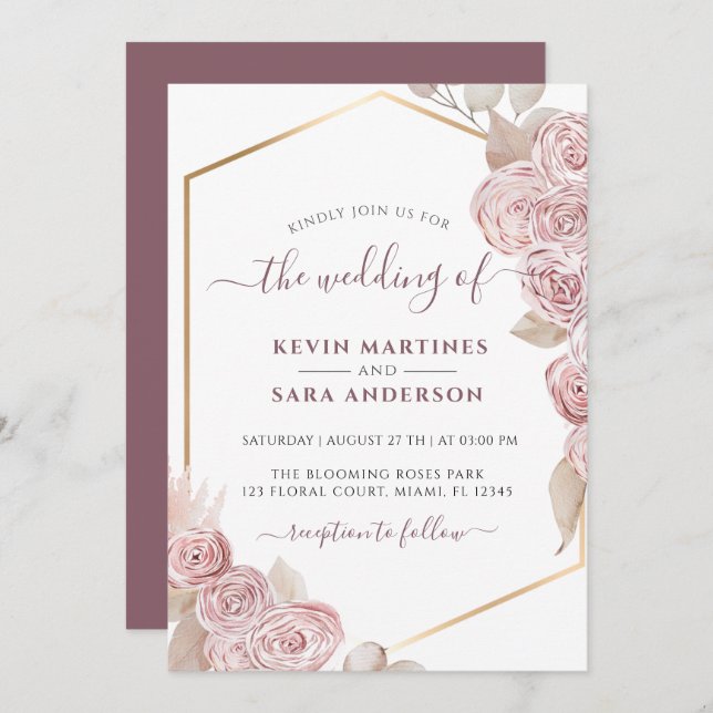 Wedding Blush Pink Floral Gold Invitation (Front/Back)