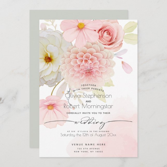 WEDDING  | Blush Pink Ivory Mixed Flowers Invitation (Front/Back)