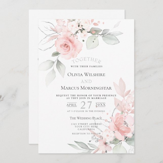 Wedding | Blush Pink Romantic Cottage Roses Invitation (Front/Back)