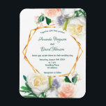 Wedding blush pink white floral invitation magnet<br><div class="desc">Decorated with watercolored large lush roses in white,  blush pink and a bit of blue and coral. Elegant white background. Templates for names name and wedding details. The names is written with a modern and elegant hand lettered style script.  Green coloured letters. With a faux gold geometric frame.</div>