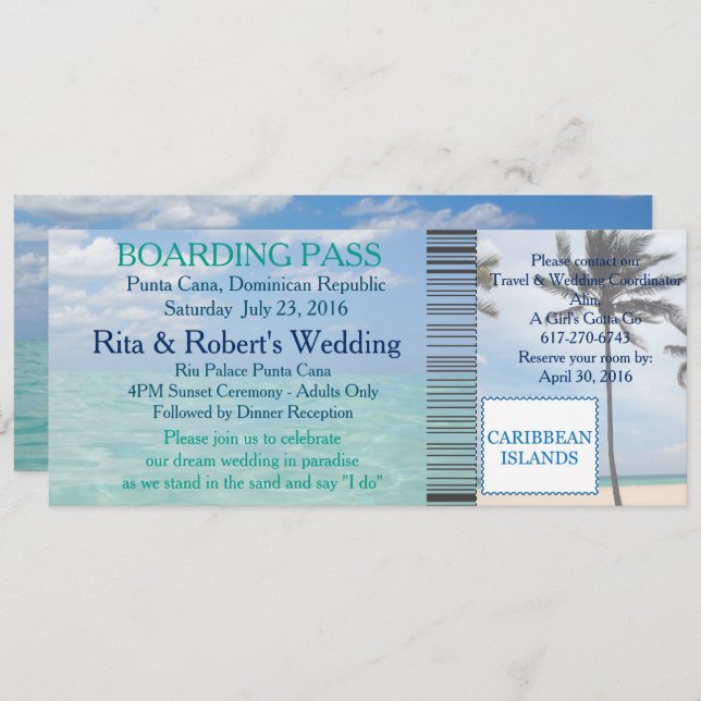 Wedding Boarding Pass Ticket Beach Destination Invitation (Front/Back)