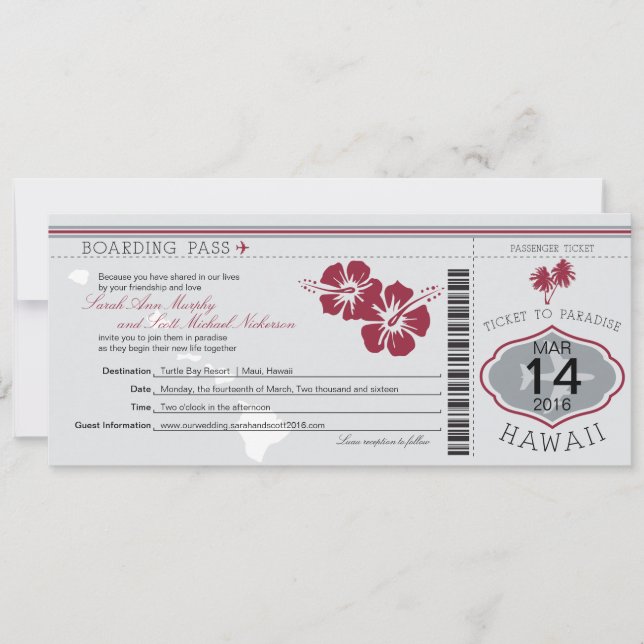 Wedding Boarding Pass to Hawaii SilverGray/Red Invitation (Front)
