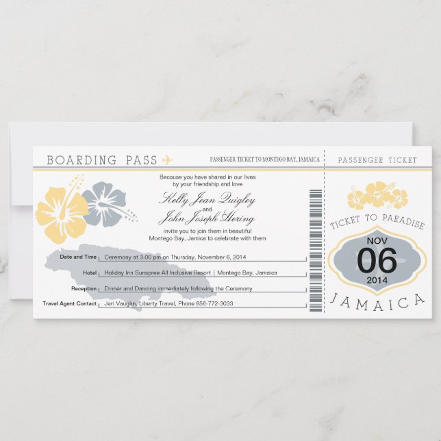 Wedding Boarding Pass to Jamaica Invitation (Front)