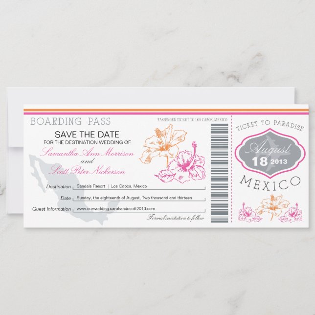 Wedding Boarding Pass to Mexico Save The Date (Front)
