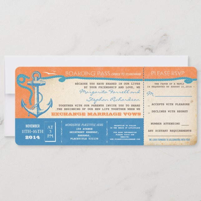 wedding boarding pass-vintage tickets with RSVP Invitation (Front)