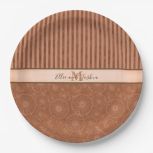 Wedding Boho Orange & Brown Geometric Stripe Paper Plate