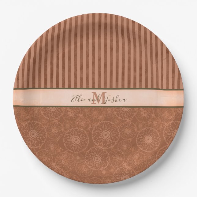 Wedding Boho Orange & Brown Geometric Stripe Paper Plate (Front)