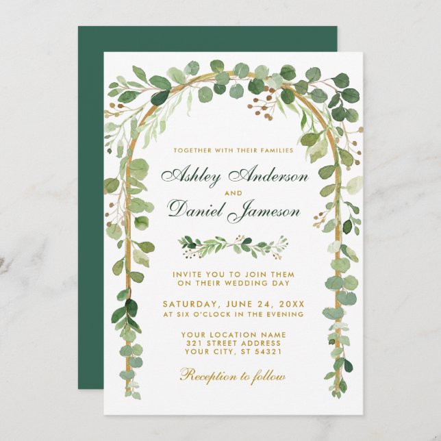 Wedding Botanical Eucalyptus Green Gold Arch Invitation (Front/Back)