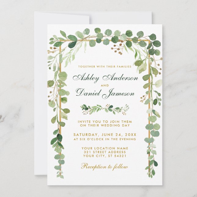 Wedding Botanical Eucalyptus Green Gold W Invitation (Front)