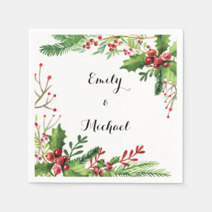 Wedding botanical napkin red green watercolor