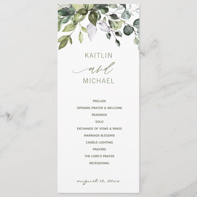 Wedding Botanical Watercolor Greenery Elegant Program (Front)