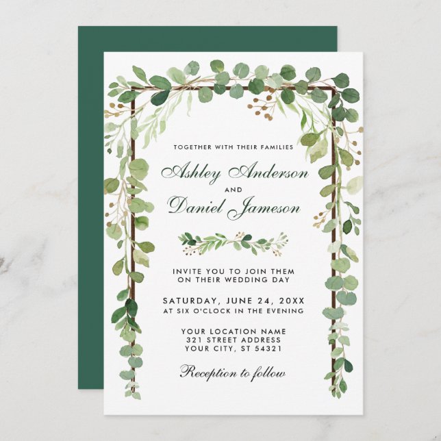 Wedding Botanical Wood Eucalyptus Green Invitation (Front/Back)