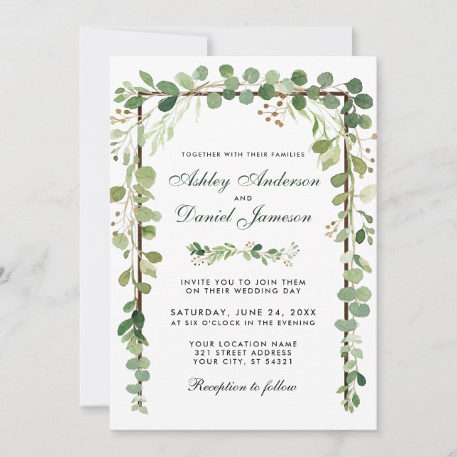 Wedding Botanical Wood Eucalyptus Green W Invitation (Front)