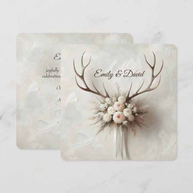 Wedding Bouquet and Deer Antlers Invitation (Front/Back)