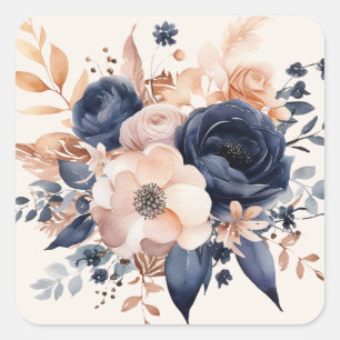 Wedding Bouquet Navy Peach Copper Square Sticker