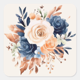 Wedding Bouquet Navy Peach Copper Square Sticker