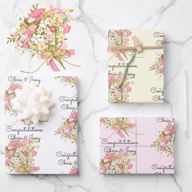 Wedding Bouquet of Flowers Add Names 3 Gift Wrapping Paper Sheet (Creator Uploaded)