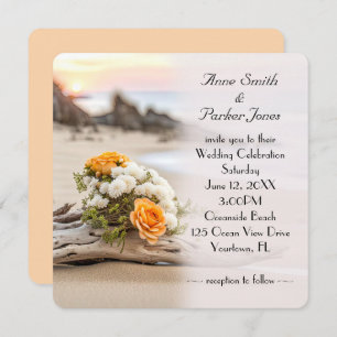Wedding Bouquet On Beach Driftwood Invitation