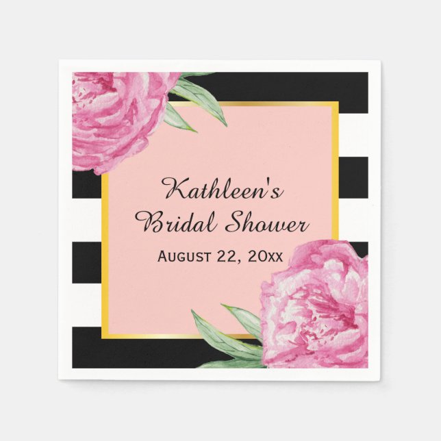 Wedding Bridal Floral Glam Black Stripes Napkin (Front)