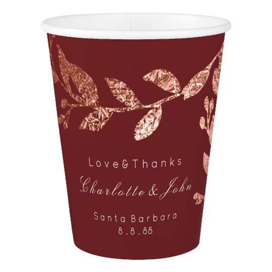 Wedding Bridal Floral Rose Gold Burgundy Maroon Paper Cup