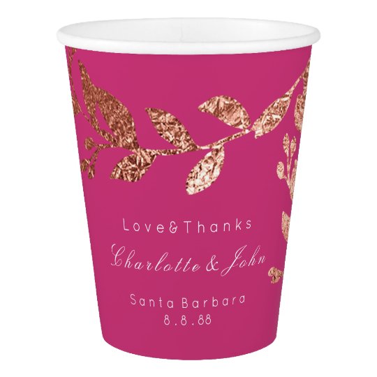 Wedding Bridal Floral Rose Gold Fuchsia Pink Paper Cup