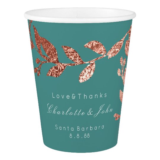 Wedding Bridal Floral Rose Gold Teal Aquatic Green Paper Cup