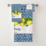 Wedding Bridal Shower Anniversary Gift custom Bath Towel Set<br><div class="desc">Wedding Bridal Shower Anniversary Gift custom personalised name towels. Mediterranian Amalfi coast blue tiles and yellow lemons with a name. Makes a lovely git for a wedding,  bridal shower gift,  anniversary gift.</div>