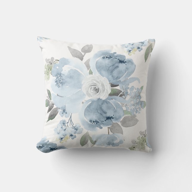 Wedding Bridal Shower Dusty Blue Watercolor Floral Cushion (Front)