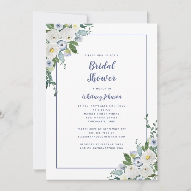 Wedding Bridal Shower Elegant Floral Blue White Invitation (Front)