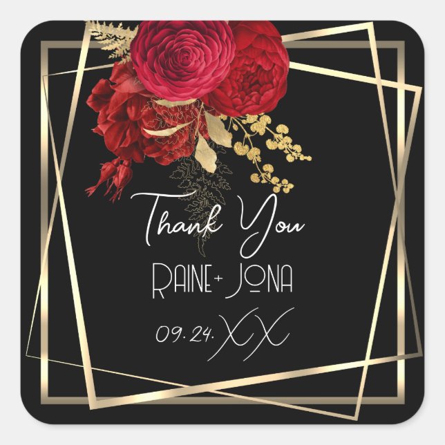 Wedding Bridal Shower Favour Red Floral Black  Square Sticker (Front)