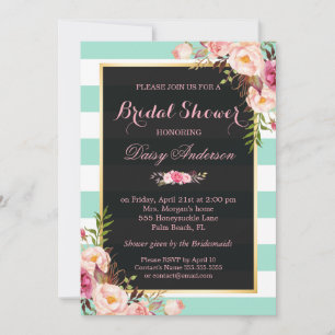 Wedding Bridal Shower Floral Mint Green Stripes Invitation